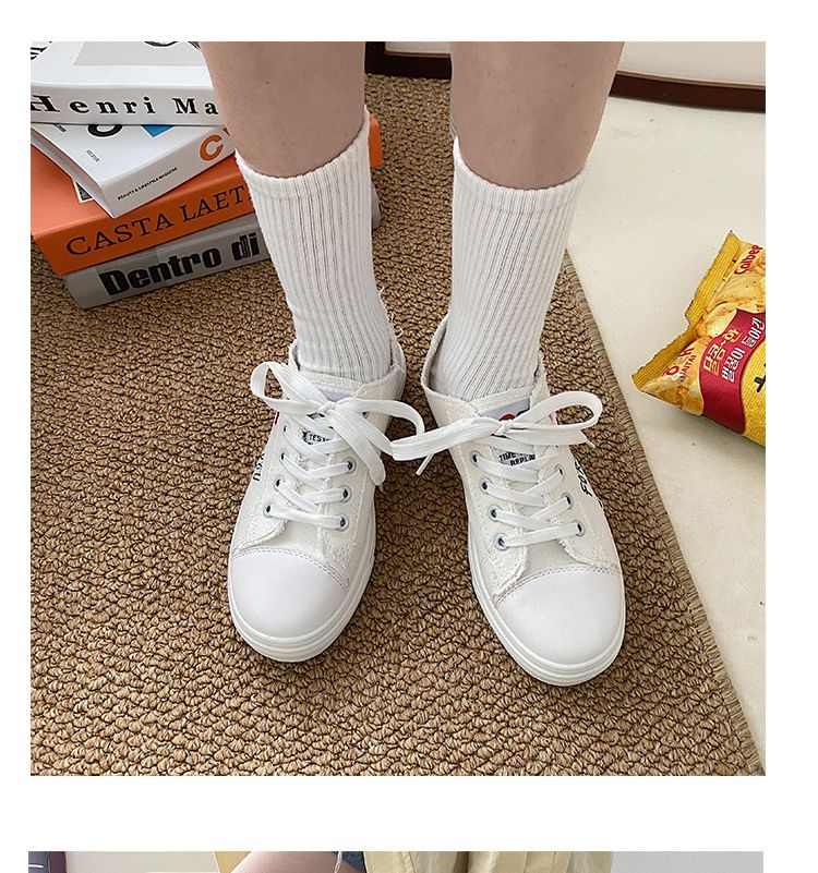 Platform Heart Embroidered Frayed Canvas Lace-Up Sneakers