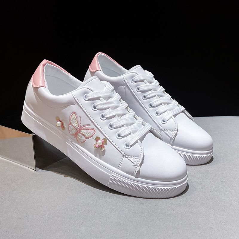 Platform Butterfly Embroidered Faux Pearl Accent Lace-Up Sneakers