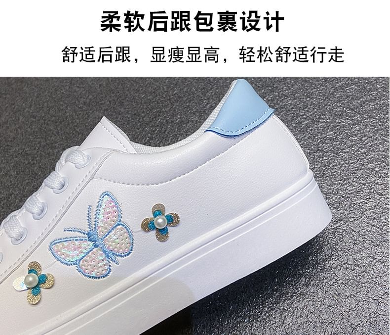 Platform Butterfly Embroidered Faux Pearl Accent Lace-Up Sneakers