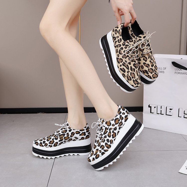 Leopard Platform Shoes Print Lace-Up