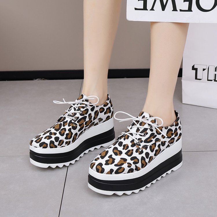 Leopard Platform Shoes Print Lace-Up