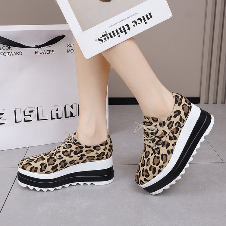 Leopard Platform Shoes Print Lace-Up
