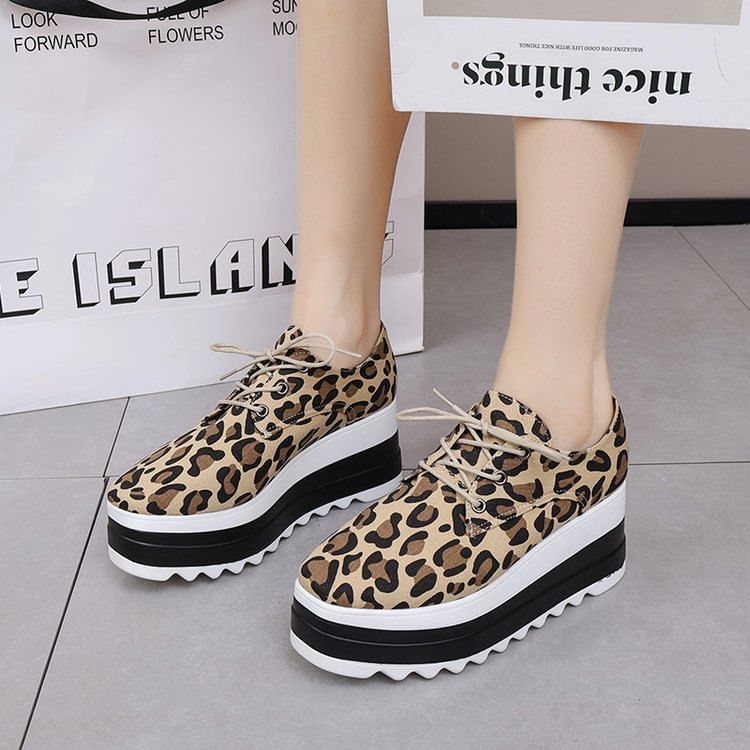 Leopard Platform Shoes Print Lace-Up