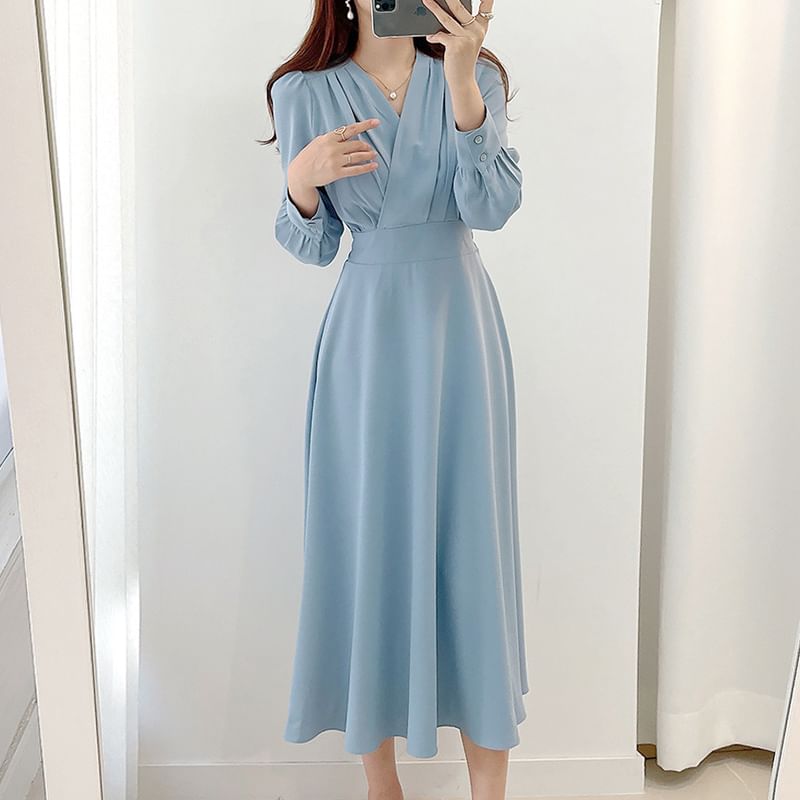 Long-Sleeve V-Neck Plain Midi A-Line Dress