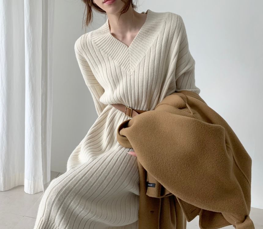 Long-Sleeve V-Neck Plain Ribbed Midi Sweater Dress