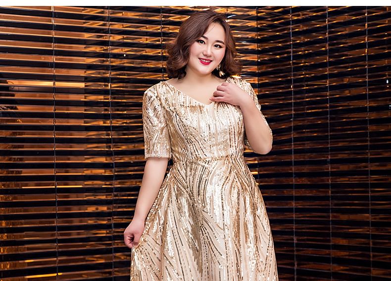 Plus Size Short-Sleeve V-Neck Shiny A-Line Evening Gown