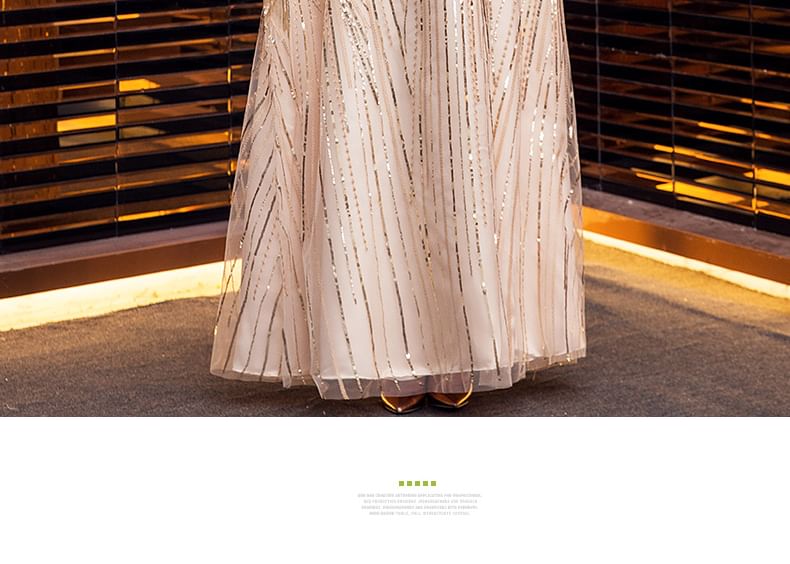 Plus Size Short-Sleeve V-Neck Shiny A-Line Evening Gown