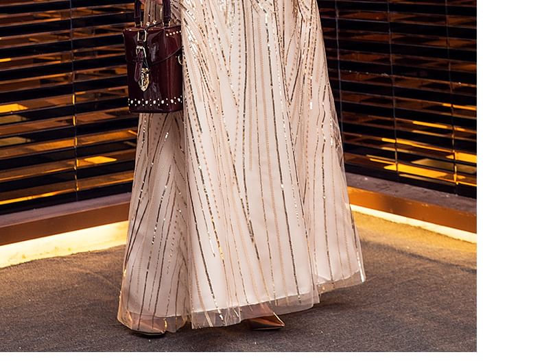 Plus Size Short-Sleeve V-Neck Shiny A-Line Evening Gown