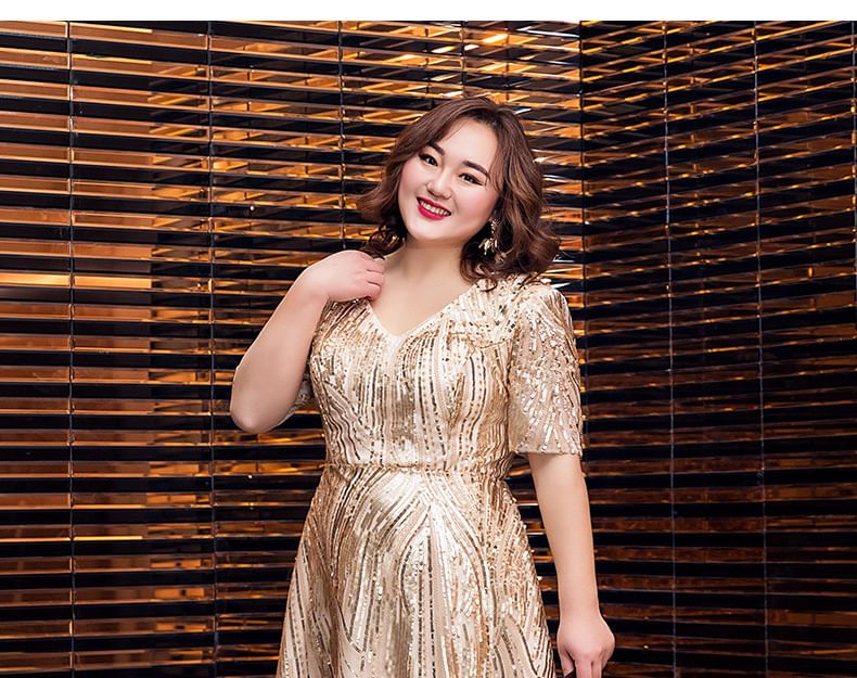 Plus Size Short-Sleeve V-Neck Shiny A-Line Evening Gown