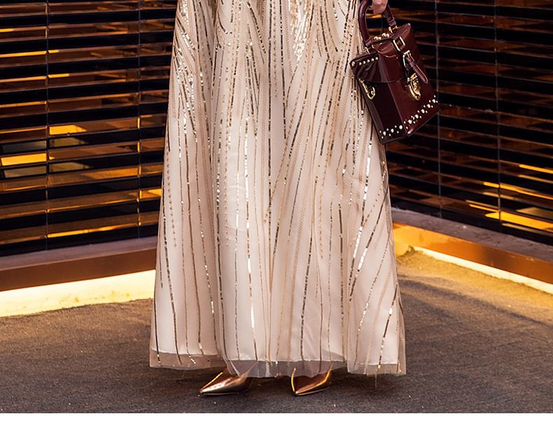 Plus Size Short-Sleeve V-Neck Shiny A-Line Evening Gown