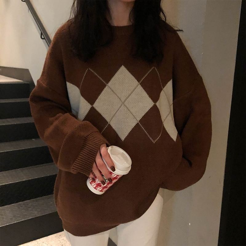 Crewneck Printed Plaid Color-Block Oversize Sweater