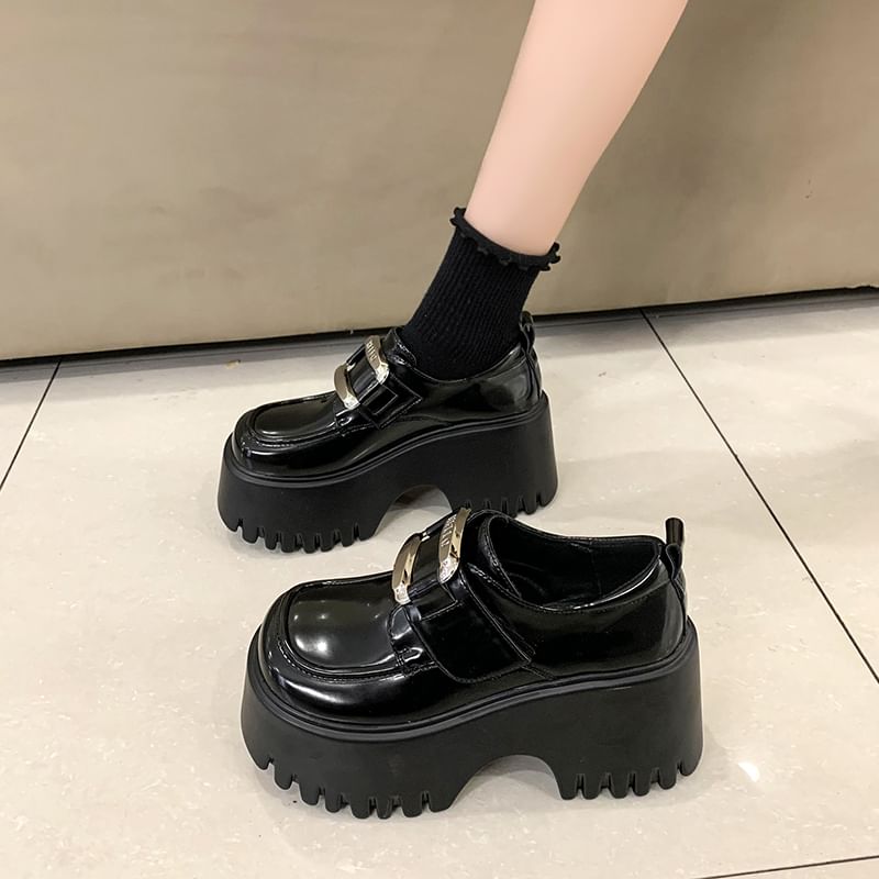 Loafers Adhesive Strap Patent Leather Platform Buckled