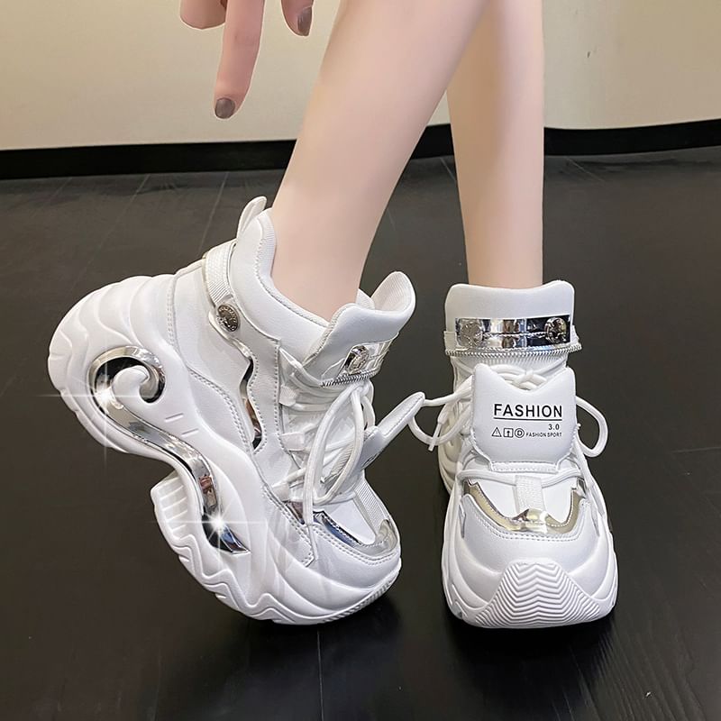 Lace-Up Top Panel Metallic High Leather Sneakers Faux Platform