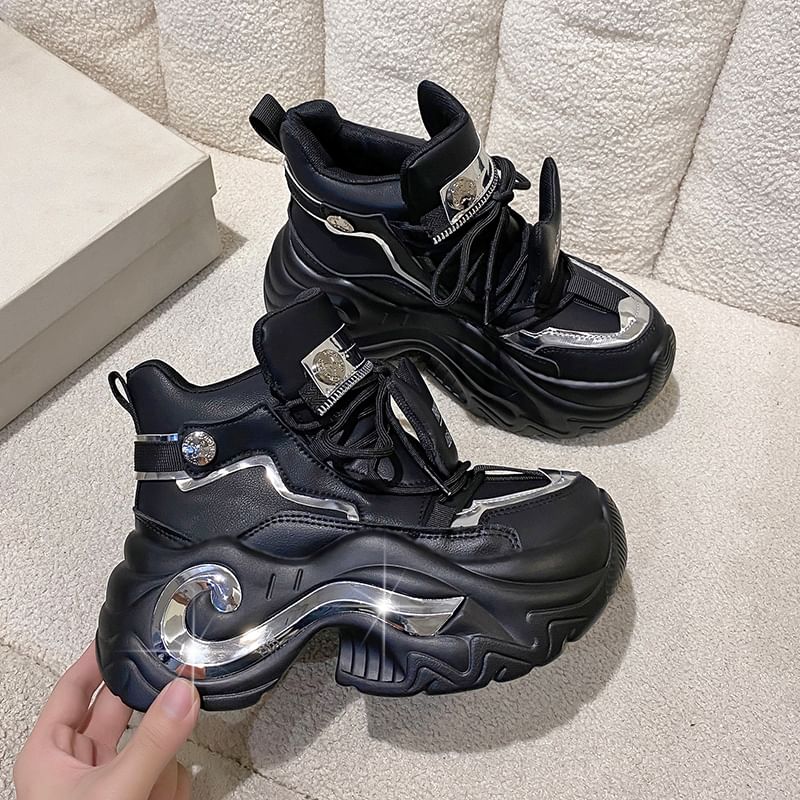 Lace-Up Top Panel Metallic High Leather Sneakers Faux Platform