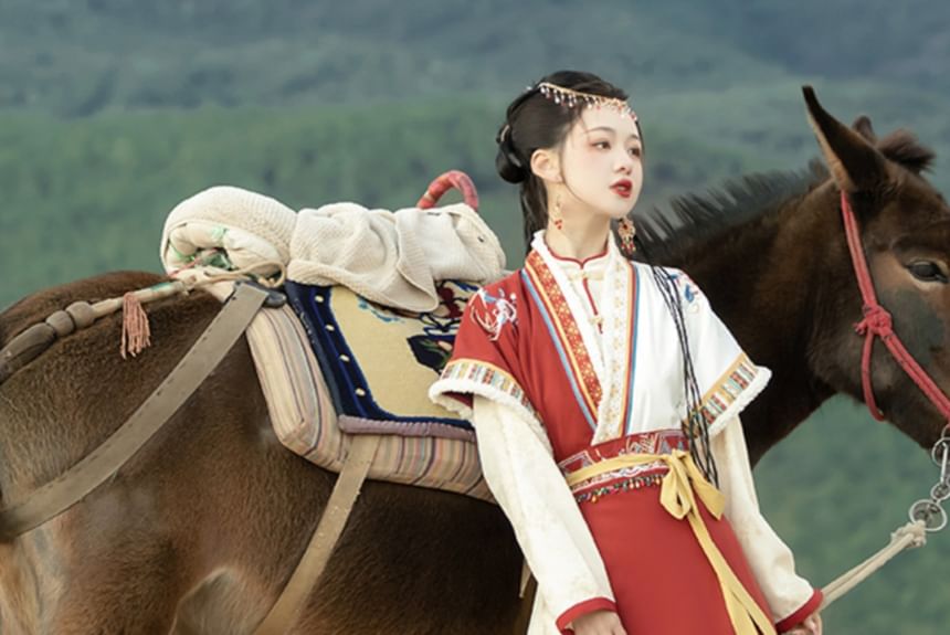 Chemisier Lolita à manches longues, col montant, bordure contrastée, fermeture grenouille / Haut Hanfu à manches courtes, broderie florale, bordure duveteuse / Jupe trapèze longue à panneau plissé taille haute / Ensemble