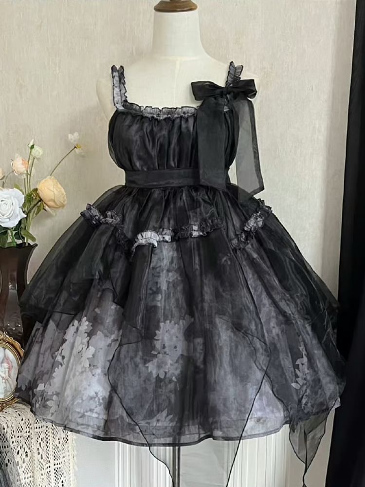 Lolita Bluse mit Stehkragen, Ärmeln, Schleife, Rüschen und Blumenmuster, ärmelloses A-Linien-Kleid aus Netzstoff mit quadratischem Ausschnitt und Schleife