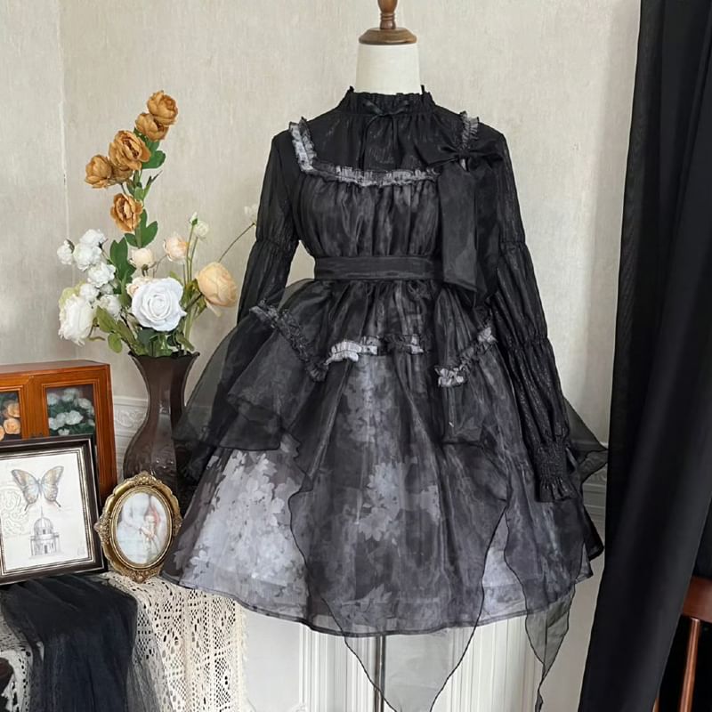 Lolita Bluse mit Stehkragen, Ärmeln, Schleife, Rüschen und Blumenmuster, ärmelloses A-Linien-Kleid aus Netzstoff mit quadratischem Ausschnitt und Schleife