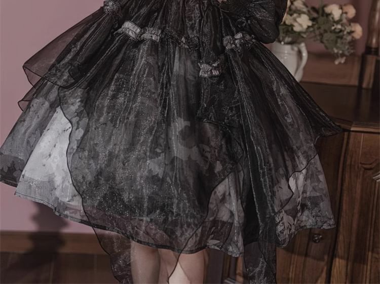 Lolita Bluse mit Stehkragen, Ärmeln, Schleife, Rüschen und Blumenmuster, ärmelloses A-Linien-Kleid aus Netzstoff mit quadratischem Ausschnitt und Schleife