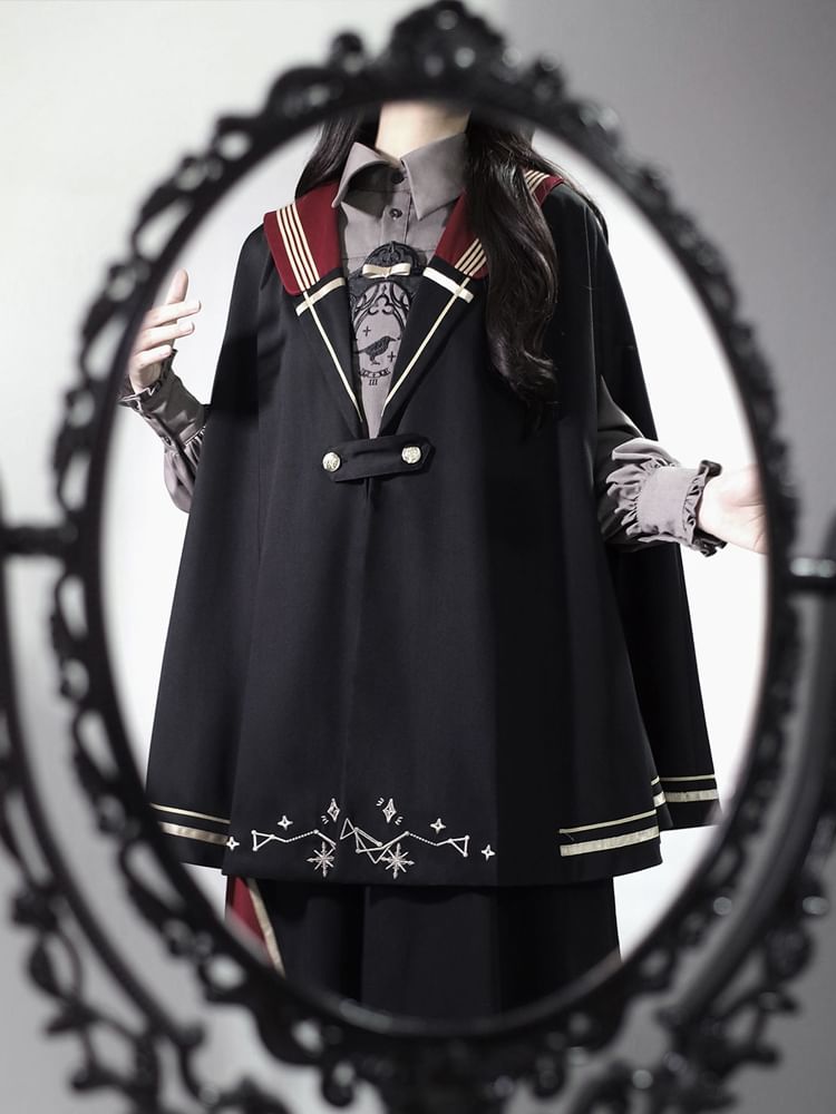 Lolita Langarmshirt mit Biesen, Kragen, Vogelstickerei / Umhang / Midirock in A-Linie mit hoher Taille / Set