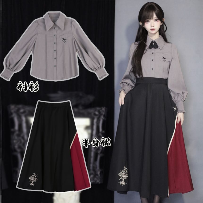 Lolita Langarmshirt mit Biesen, Kragen, Vogelstickerei / Umhang / Midirock in A-Linie mit hoher Taille / Set