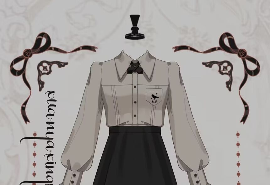 Lolita Langarmshirt mit Biesen, Kragen, Vogelstickerei / Umhang / Midirock in A-Linie mit hoher Taille / Set