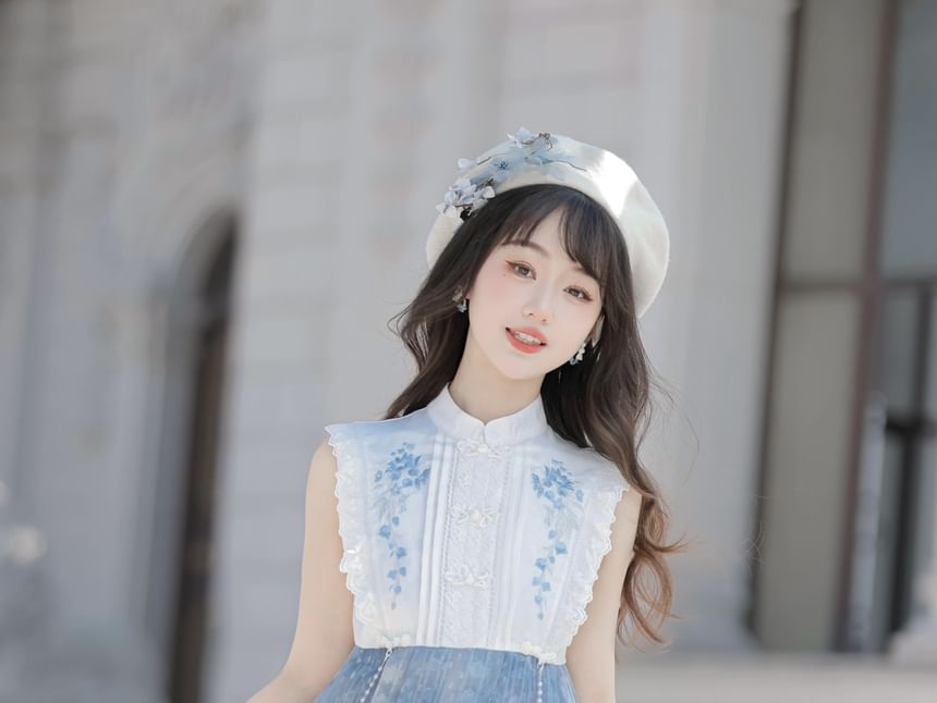 Lolita Sleeveless Mandarin Collar Floral Embroidered Pintuck Panel Mini A-Line Dress / Collared Floral Applique Crop Button Jacket / Set