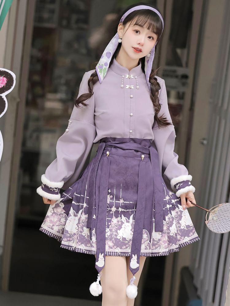 Long-Sleeve Mandarin Collar Lolita Floral Embroidered Fluffy Trim Blouse / V-Neck Rabbit Embroidered Faux Pearl Button Vest / High Waist Print Pleated Mini A-Line Skirt / Charm / Set