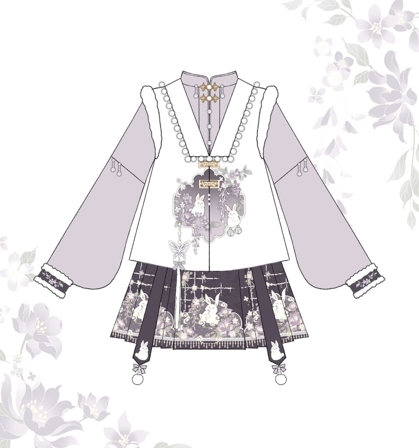 Long-Sleeve Mandarin Collar Lolita Floral Embroidered Fluffy Trim Blouse / V-Neck Rabbit Embroidered Faux Pearl Button Vest / High Waist Print Pleated Mini A-Line Skirt / Charm / Set