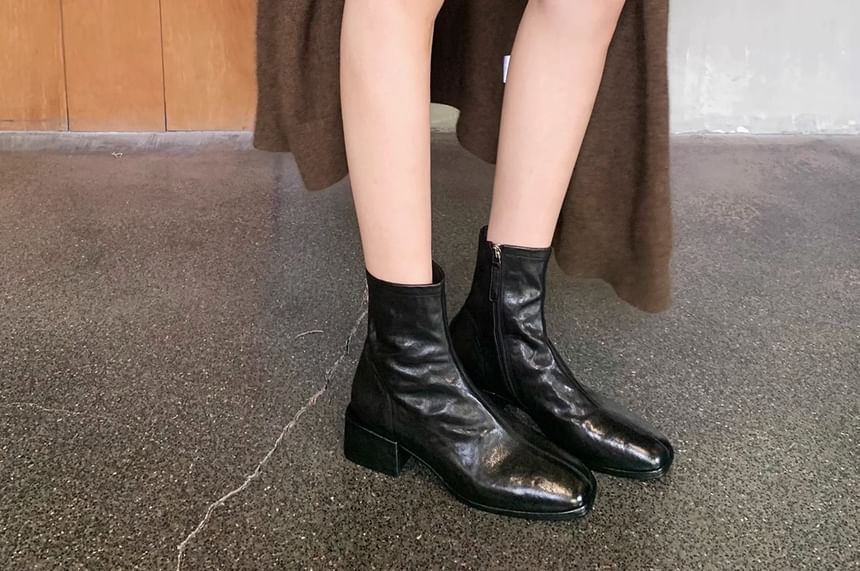 Leather Low-Heel Boots Square Genuine Short Toe