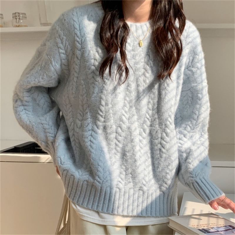 Long-Sleeve Neck Cable Knit Sweater Plain Crew