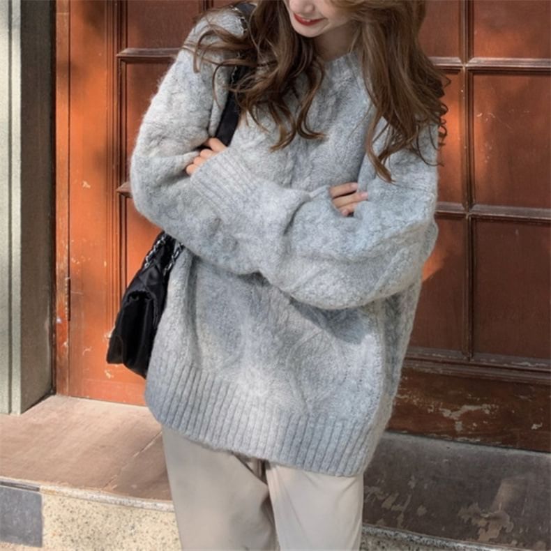 Long-Sleeve Neck Cable Knit Sweater Plain Crew