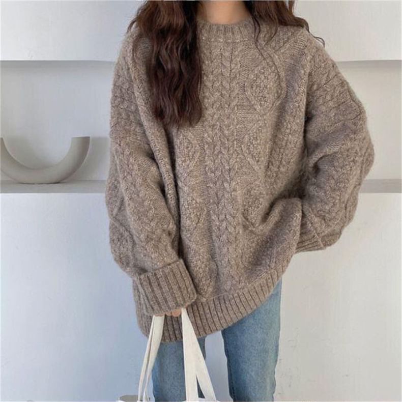 Long-Sleeve Neck Cable Knit Sweater Plain Crew
