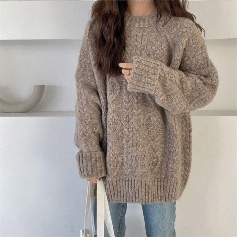 Long-Sleeve Neck Cable Knit Sweater Plain Crew