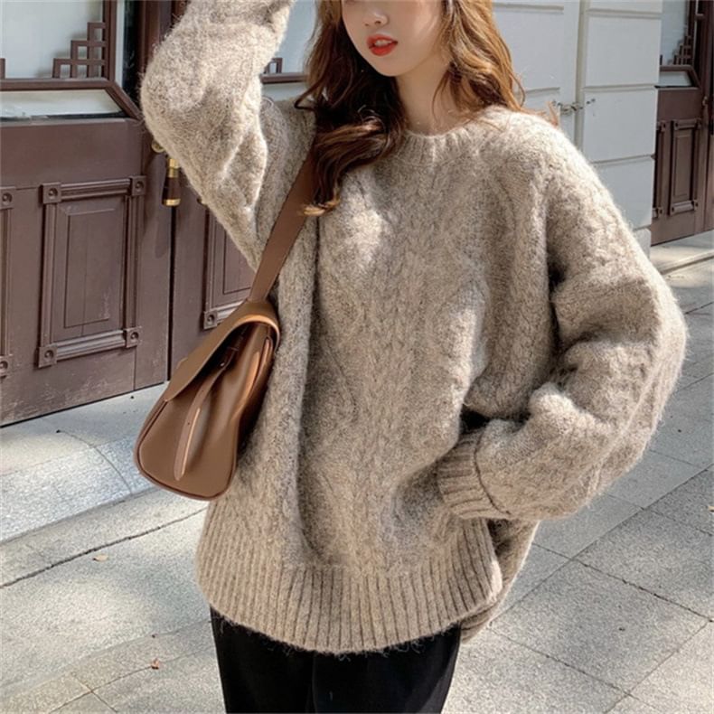 Long-Sleeve Neck Cable Knit Sweater Plain Crew