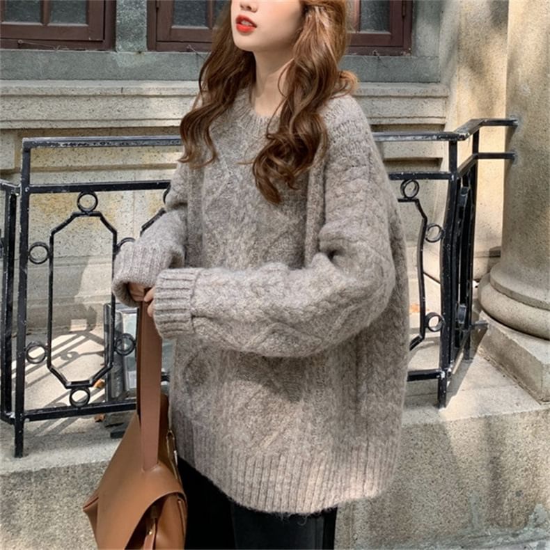 Long-Sleeve Neck Cable Knit Sweater Plain Crew