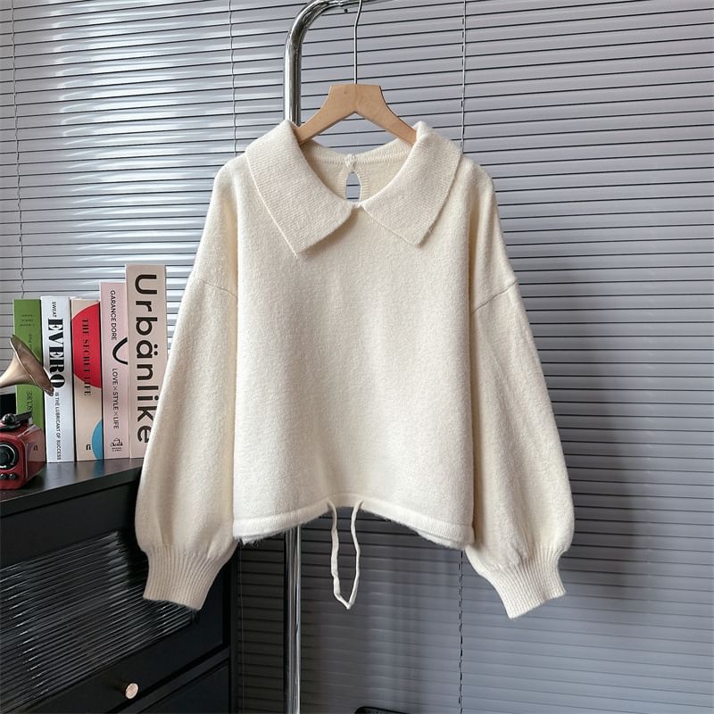 Puff-Sleeve Plain Collared Sweater