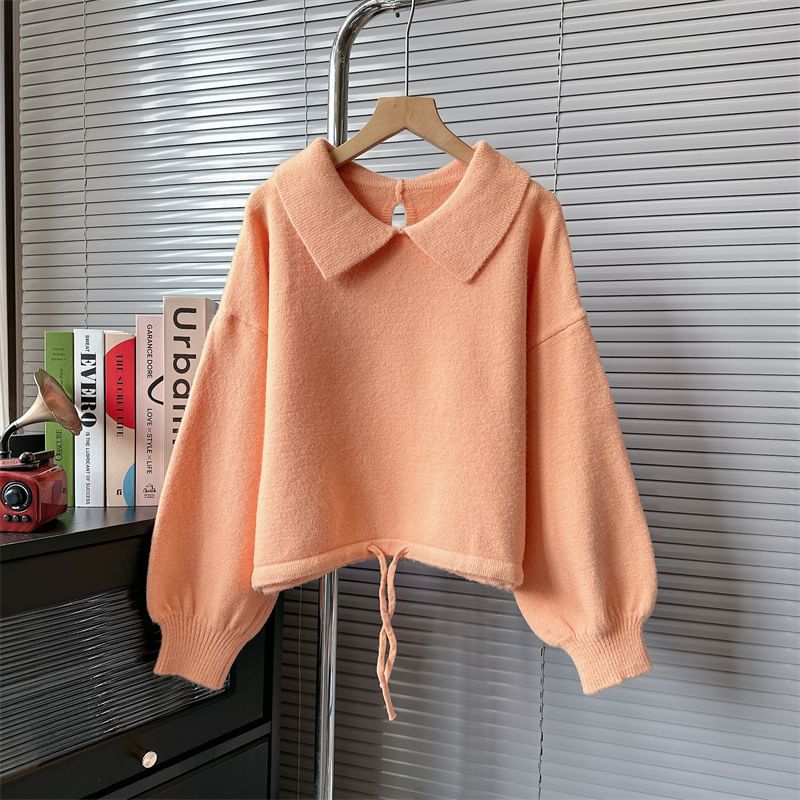 Puff-Sleeve Plain Collared Sweater