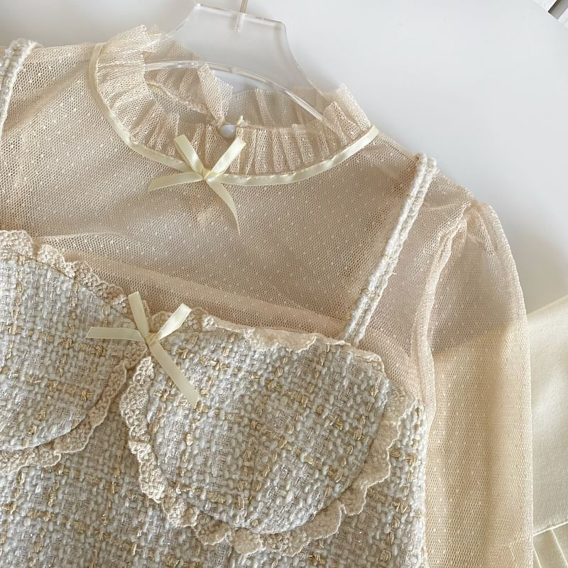 Zweiteilige, langärmlige Bluse aus Netzstoff mit Stehkragen, Tweed-Einsatz, Schleife und Spitzenbesatz