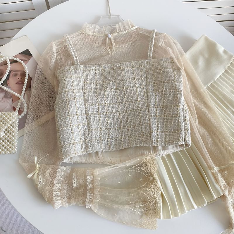 Zweiteilige, langärmlige Bluse aus Netzstoff mit Stehkragen, Tweed-Einsatz, Schleife und Spitzenbesatz
