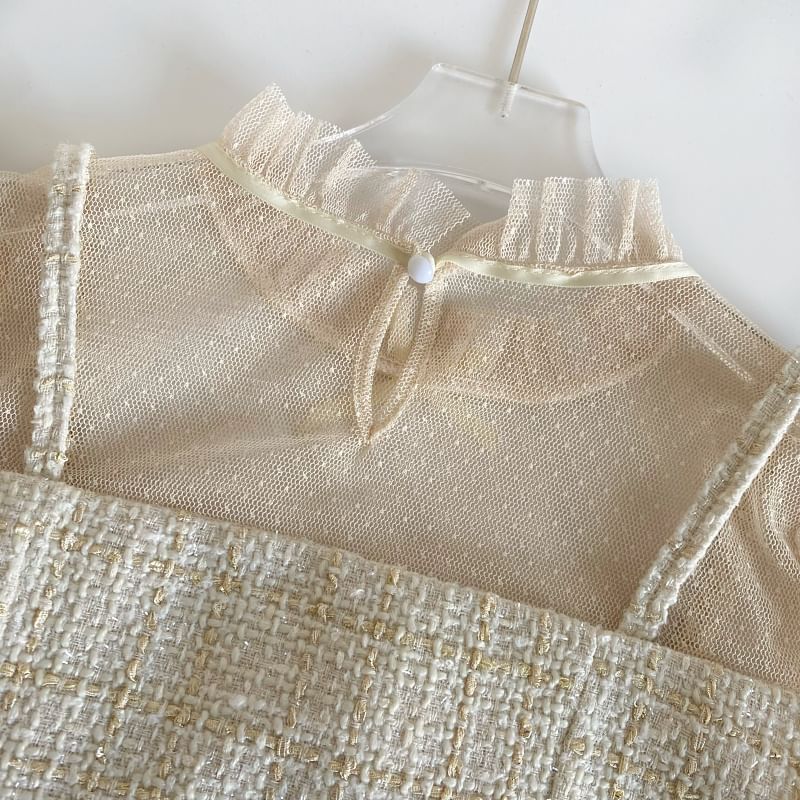 Zweiteilige, langärmlige Bluse aus Netzstoff mit Stehkragen, Tweed-Einsatz, Schleife und Spitzenbesatz