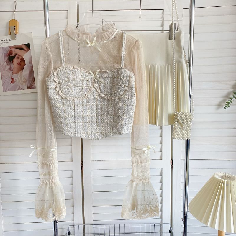 Zweiteilige, langärmlige Bluse aus Netzstoff mit Stehkragen, Tweed-Einsatz, Schleife und Spitzenbesatz