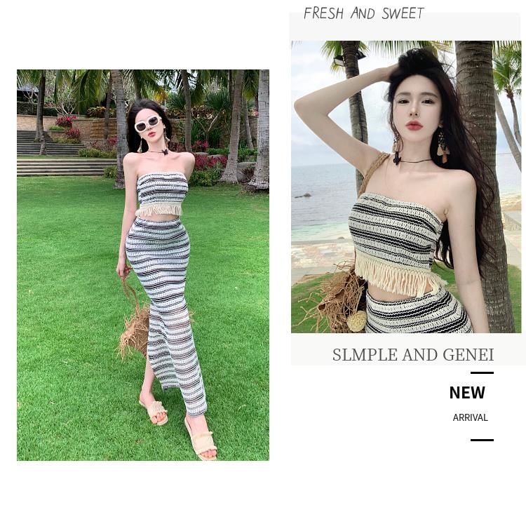 Set: Striped Fringed Crop Tube Top + High Waist Slit Maxi Pencil Skirt