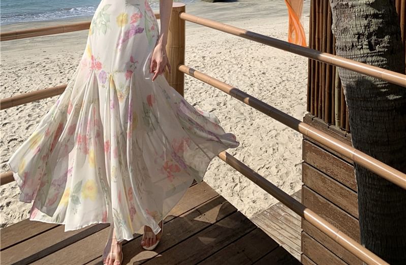 Spaghetti Strap Cowl Neck Floral Print Open Back Maxi Mermaid Dress