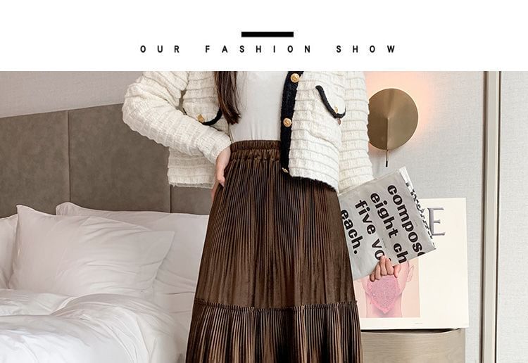 Skirt Plain Waist Velvet Tiered A-Line Elastic Midi