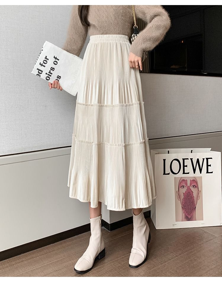 Skirt Plain Waist Velvet Tiered A-Line Elastic Midi