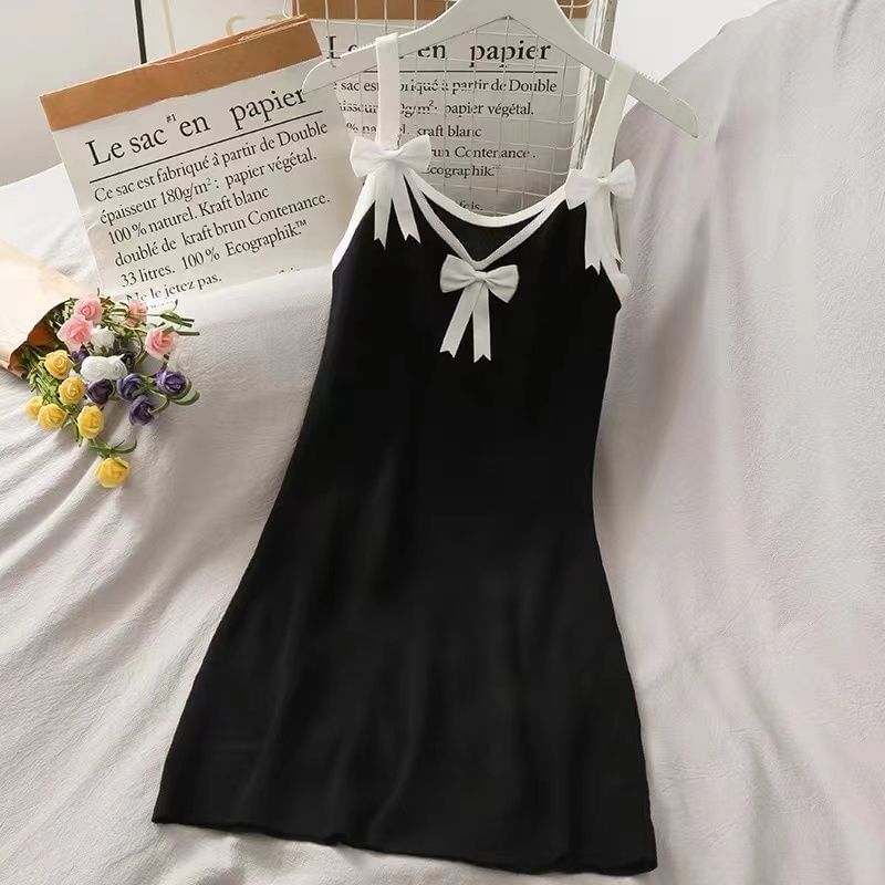 Trim Strap Bow Contrast Dress Bodycon Spaghetti Mini