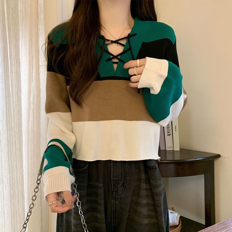 Color V-Neck Lace-Up Block Sweater