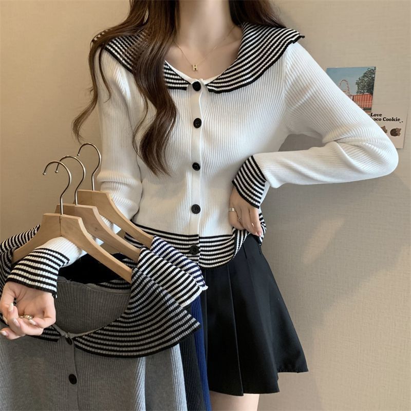 Long-Sleeve Panel Top Ribbed Button Knit Striped Collar