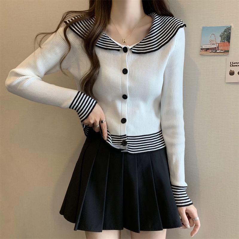 Long-Sleeve Panel Top Ribbed Button Knit Striped Collar