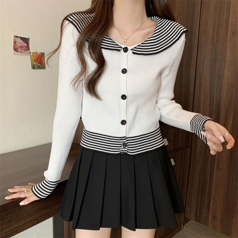 Long-Sleeve Panel Top Ribbed Button Knit Striped Collar